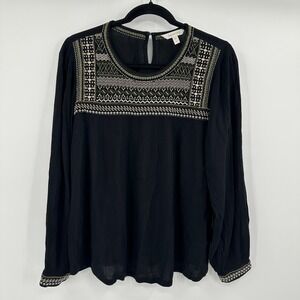 Garnet Hill Black Embroidered Long Sleeve Viscose Blouse‎ Top Women's Size M